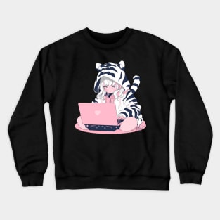 A cute girl in pajamas is working on a laptop Crewneck Sweatshirt